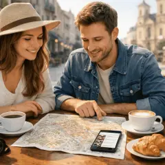 Para planują swój citybreak, studiując mapę i telefon, przy kawie i croissantach.
