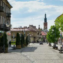 Ulica w Radomiu z kamienicami, wieżą kościelną i zielenią.