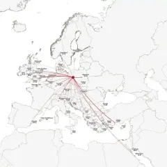 Mapa pokazuje popularne **loty do Anglii** z Europy. Widać połączenia z Warszawy, Krakowa, Amsterdamu i wielu innych miast.