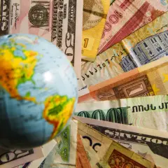 Mała kula ziemska na tle różnych walut świata.