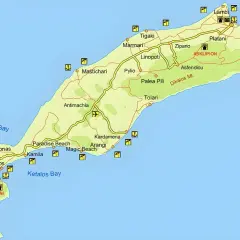 Mapa turystyczna wyspy Kos z zaznaczonymi plażami, miejscowościami (np. Kardamena, Kefalos) i drogami.