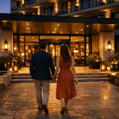 Para, gdzie na weekend we dwoje. Para idzie trzymając się za ręce w stronę oświetlonego hotelu.