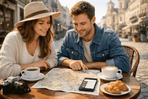 Para planują swój citybreak, studiując mapę i telefon, przy kawie i croissantach.