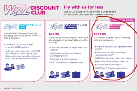 WIZZ Discount Club Premium: 349,99€ rocznie dla częstych podróżnych. Zniżki na loty, bagaż, priorytetowe wejście na pokład i wybór miejsc.