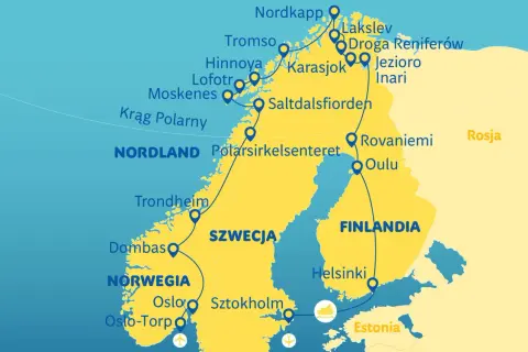 Mapa pokazuje trasę wycieczki objazdowej po Norwegii, Finlandii i Szwecji, z zaznaczonymi miastami jak Oslo, Trondheim, Tromsø, Nordkapp, Rovaniemi i Sztokholm.