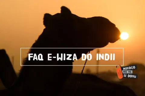 Zachód słońca nad Indiami, wielbłądy i tekst "FAQ E-wiza do Indii".