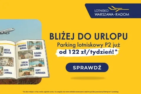 Otwarta księga z wakacyjnymi destynacjami, samolot nad morzem. Lotnisko Warszawa-Radom zaprasza na parking P2 od 122 zł/tydzień.