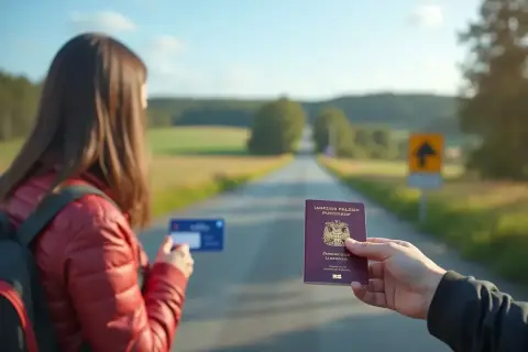 Droga do Szwecji. Czy do Szwecji potrzebny jest paszport? Kobieta z plecakiem trzyma kartę, mężczyzna paszport.