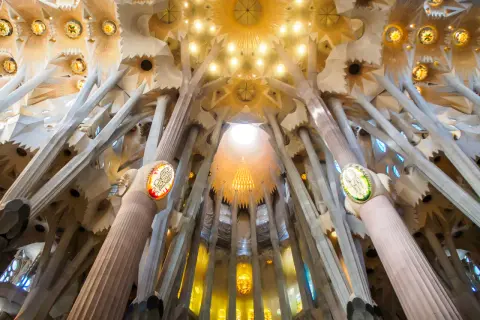 Wnętrze Sagrada Familia zachwyca organicznymi kolumnami przypominającymi drzewa i witrażami.