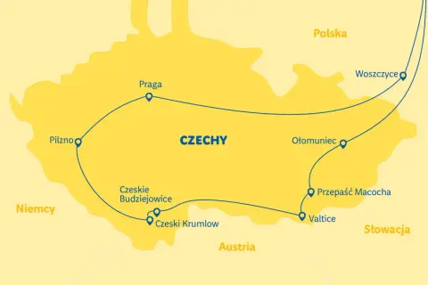 Mapa turystyczna Czech z zaznaczoną trasą przez Pragę, Pilzno, Czeski Krumlov, Ołomuniec i Woszczyce.