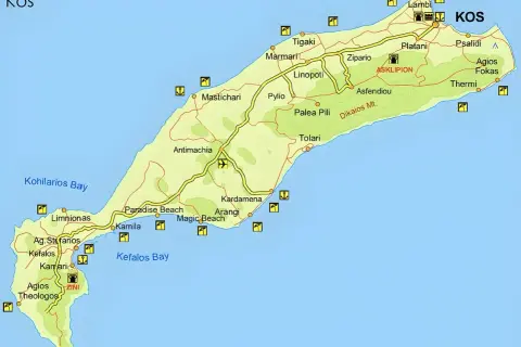 Mapa turystyczna wyspy Kos z zaznaczonymi plażami, miejscowościami (np. Kardamena, Kefalos) i drogami.