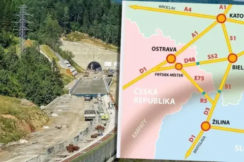 Budowa tunelu i mapka dróg pokazują turystyczne atrakcje Czech i Słowacji, łącząc Ostrawe, Katowice i Żylinę.