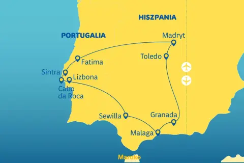 Mapa trasy wycieczki objazdowej po Portugalii i Hiszpanii: Lizbona, Fatima, Sintra, Cabo da Roca, Sewilla, Malaga, Granada, Toledo, Madryt.