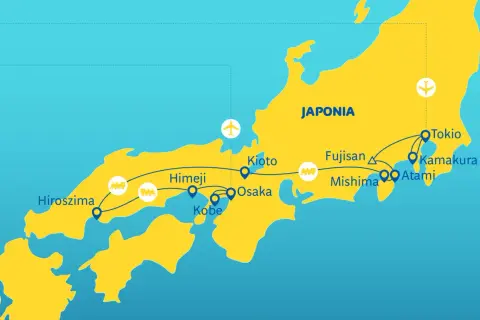 Mapa Japonii z zaznaczoną trasą wycieczki objazdowej: Tokio, Kamakura, Atami, Mishima, Fudżisan, Kioto, Osaka, Himeji, Kobe, Hiroszima.
