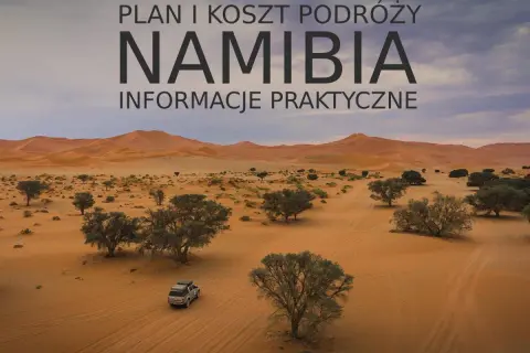 Plan podróży i koszty na wycieczkę do Namibii. Pustynny krajobraz z drzewami akacjowymi i samochodem terenowym.