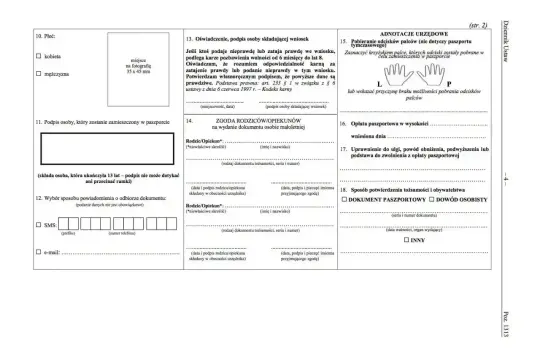 Formularz wniosku o wydanie dokumentu, gdzie zaznaczamy płeć, składamy podpis, podajemy dane kontaktowe, a także zgodę rodziców na wydanie dokumentu. Wniosek o malta na dowód.