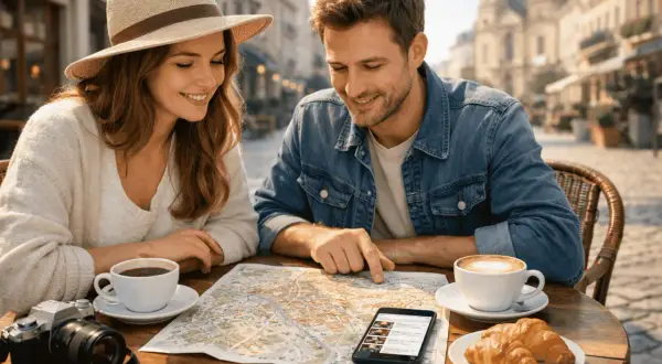 Para planują swój citybreak, studiując mapę i telefon, przy kawie i croissantach.