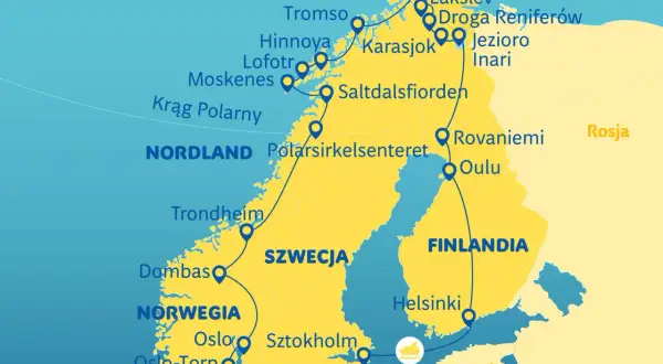 Mapa pokazuje trasę wycieczki objazdowej po Norwegii, Finlandii i Szwecji, z zaznaczonymi miastami jak Oslo, Trondheim, Tromsø, Nordkapp, Rovaniemi i Sztokholm.
