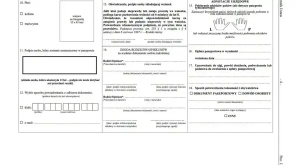 Formularz wniosku o wydanie dokumentu, gdzie zaznaczamy płeć, składamy podpis, podajemy dane kontaktowe, a także zgodę rodziców na wydanie dokumentu. Wniosek o malta na dowód.