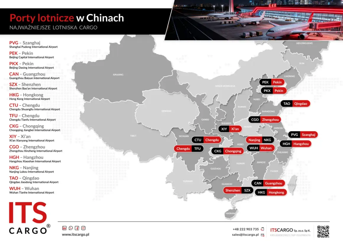 Mapa przedstawia kluczowe porty lotnicze w Chinach, ułatwiając planowanie lotów do Chin.