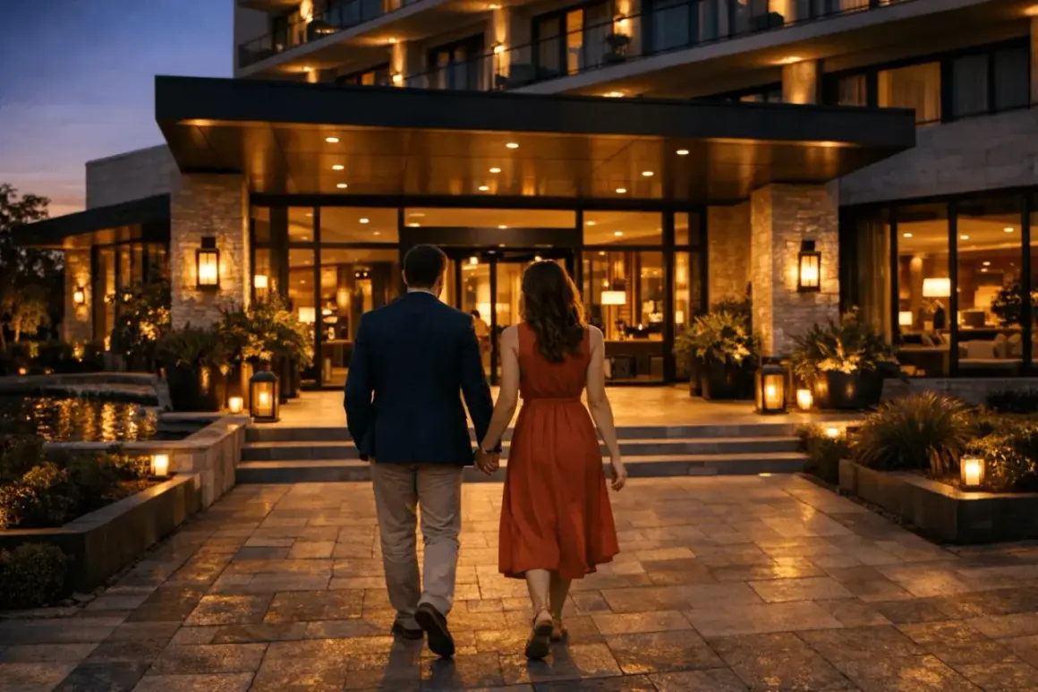 Para, gdzie na weekend we dwoje. Para idzie trzymając się za ręce w stronę oświetlonego hotelu.