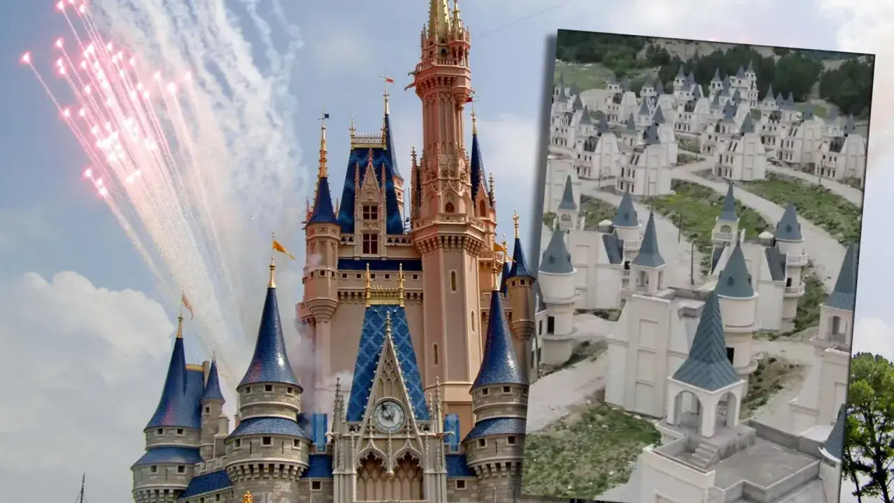Bajkowy zamek z fajerwerkami i osiedle Burj Al Babas, przypominające miniaturowe zamki.