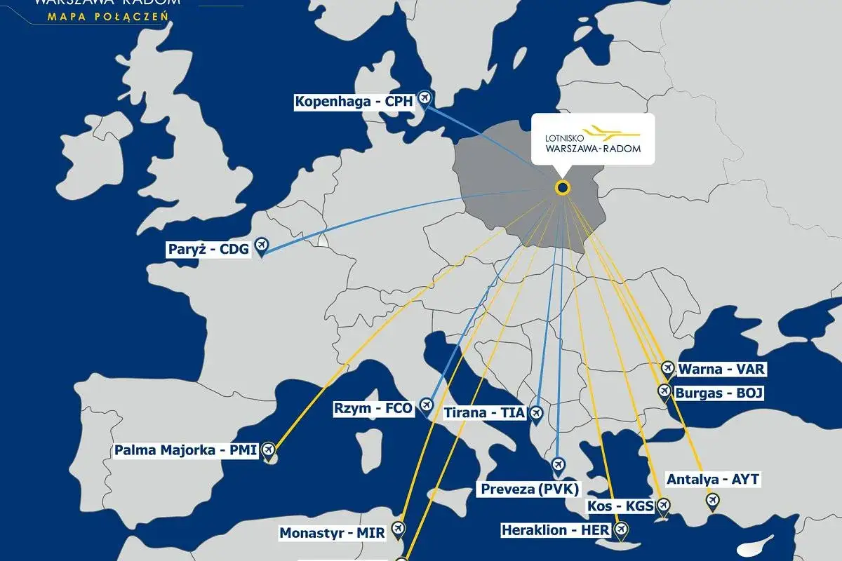 Mapa połączeń z Warszawy-Radom. Włochy loty do Rzymu, a także do Grecji, Hiszpanii, Bułgarii, Turcji i Albanii.