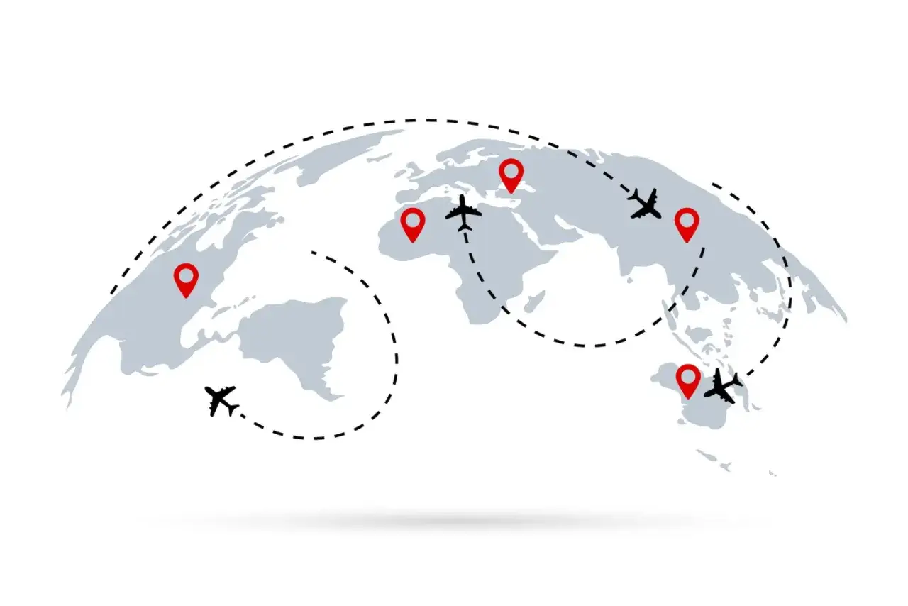Mapa świata z trasami lotniczymi i samolotami. Symbolizuje globalne połączenia, jak te oferowane przez największe linie lotnicze.