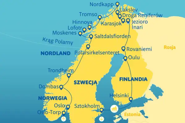 Mapa pokazuje trasę wycieczki objazdowej po Norwegii, Finlandii i Szwecji, z zaznaczonymi miastami jak Oslo, Trondheim, Tromsø, Nordkapp, Rovaniemi i Sztokholm.