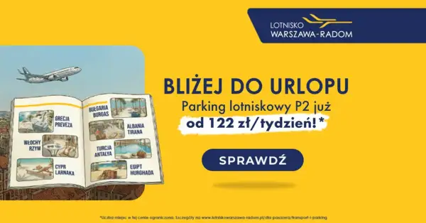 Otwarta księga z wakacyjnymi destynacjami, samolot nad morzem. Lotnisko Warszawa-Radom zaprasza na parking P2 od 122 zł/tydzień.