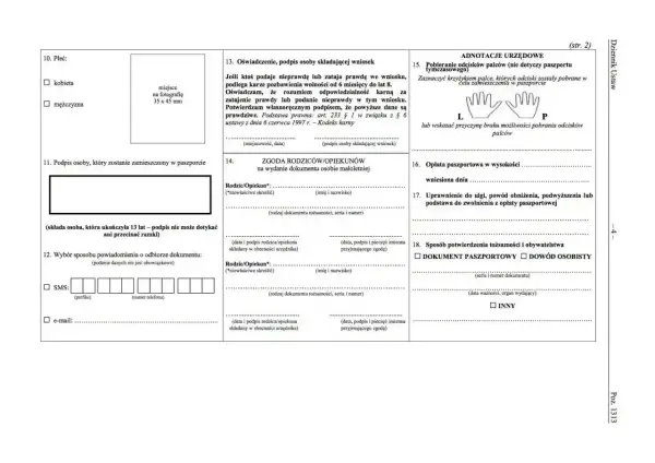 Formularz wniosku o wydanie dokumentu, gdzie zaznaczamy płeć, składamy podpis, podajemy dane kontaktowe, a także zgodę rodziców na wydanie dokumentu. Wniosek o malta na dowód.