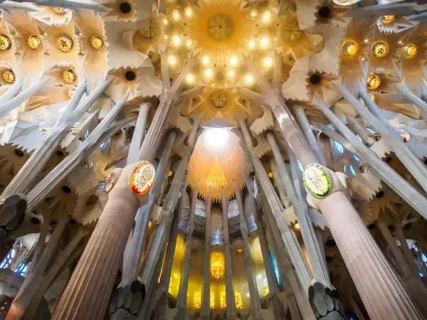 Wnętrze Sagrada Familia zachwyca organicznymi kolumnami przypominającymi drzewa i witrażami.