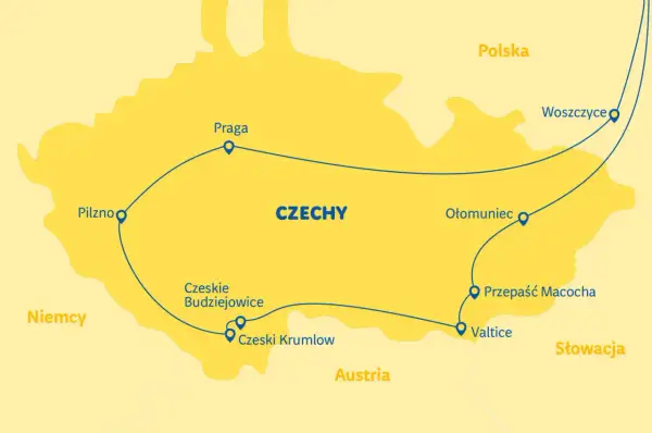 Mapa turystyczna Czech z zaznaczoną trasą przez Pragę, Pilzno, Czeski Krumlov, Ołomuniec i Woszczyce.