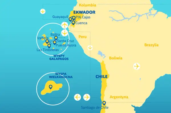 Mapa Ekwadoru i wysp Galapagos, z zaznaczonymi lotniskami i trasami podróży. Planujesz galapagos wycieczka?