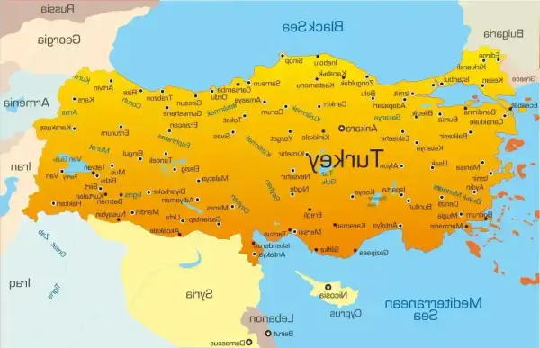 Mapa Turcji z zaznaczonymi miastami, idealna do planowania podróży i ubiegania się o wizę do Turcji.