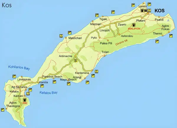 Mapa turystyczna wyspy Kos z zaznaczonymi plażami, miejscowościami (np. Kardamena, Kefalos) i drogami.