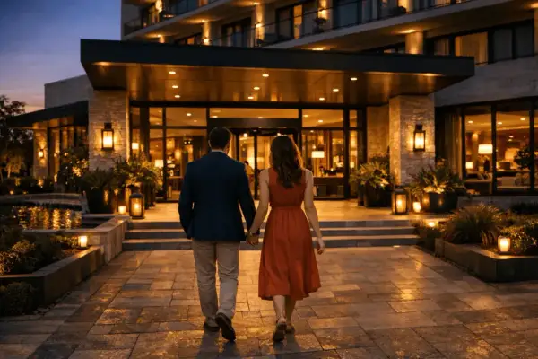 Para, gdzie na weekend we dwoje. Para idzie trzymając się za ręce w stronę oświetlonego hotelu.