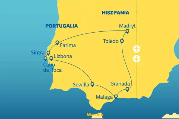 Mapa trasy wycieczki objazdowej po Portugalii i Hiszpanii: Lizbona, Fatima, Sintra, Cabo da Roca, Sewilla, Malaga, Granada, Toledo, Madryt.