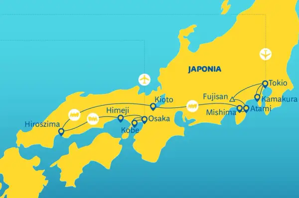Mapa Japonii z zaznaczoną trasą wycieczki objazdowej: Tokio, Kamakura, Atami, Mishima, Fudżisan, Kioto, Osaka, Himeji, Kobe, Hiroszima.