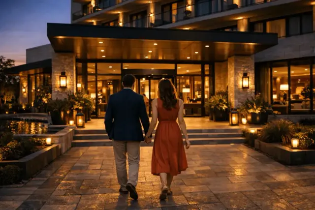 Para, gdzie na weekend we dwoje. Para idzie trzymając się za ręce w stronę oświetlonego hotelu.